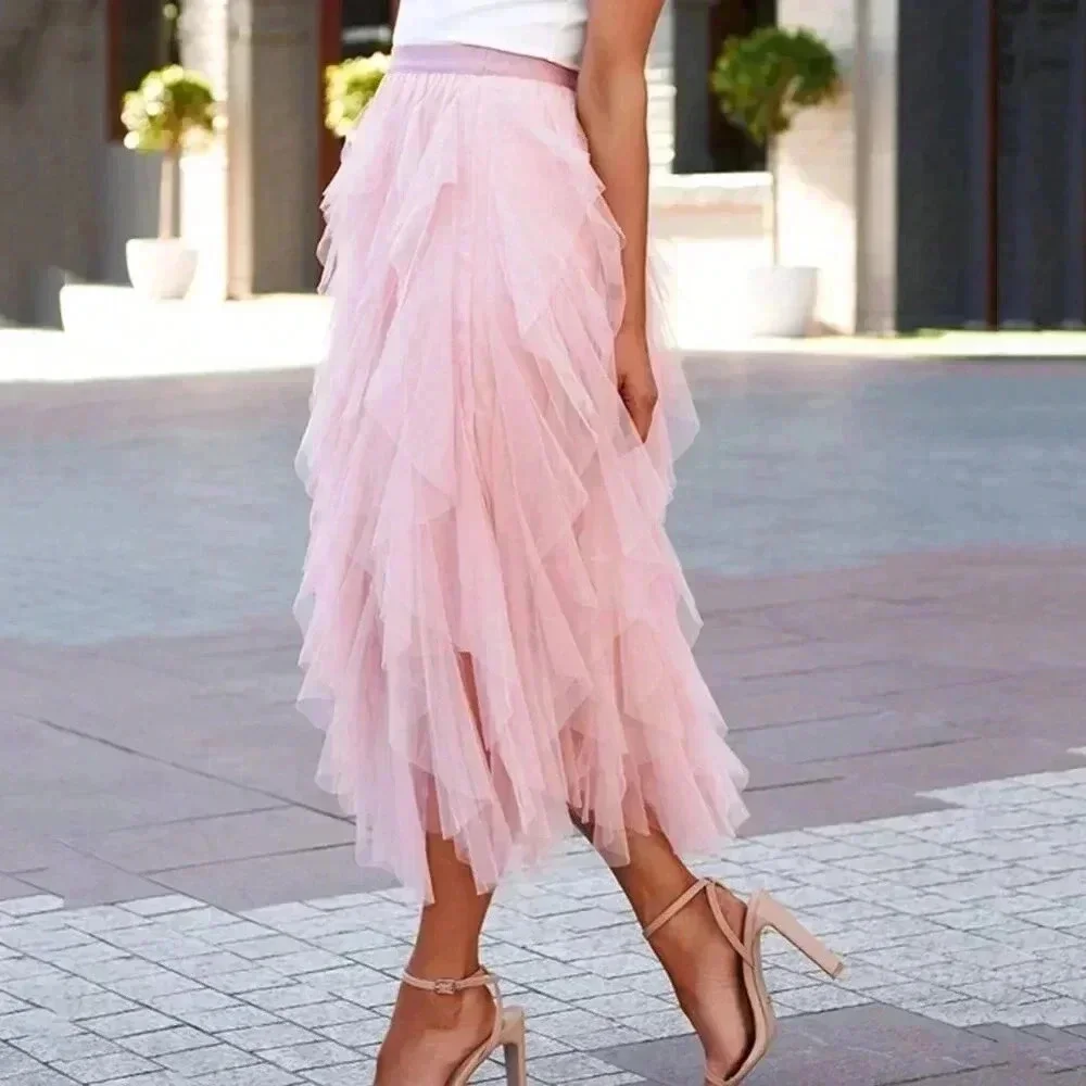 Dusty Pink Elegant Women's Layered Hem Mesh Overlay Skirt